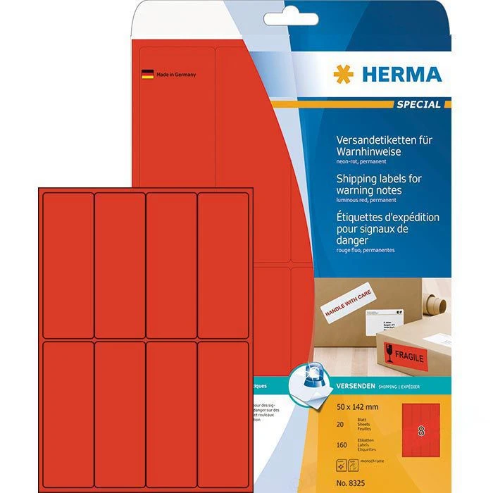 Herma Special 8325 Universaletiketten Neon-rot, Warnhinweise, 50 X 142mm, 20 Blatt, 160 Stück 1 Herma Special 8325 Universaletiketten Neon-rot, Warnhinweise, 50 X 142mm, 20 Blatt, 160 Stück