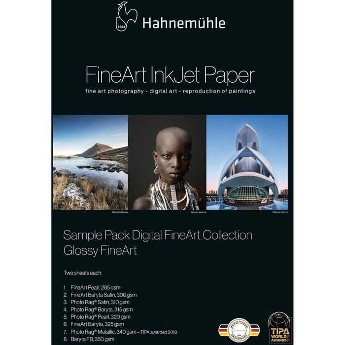 Hahnemühle Inkjet-Papier Glossy FineArt, A4, SamplePack 8 Qualitäten Glänzend Einseitig 16Blatt