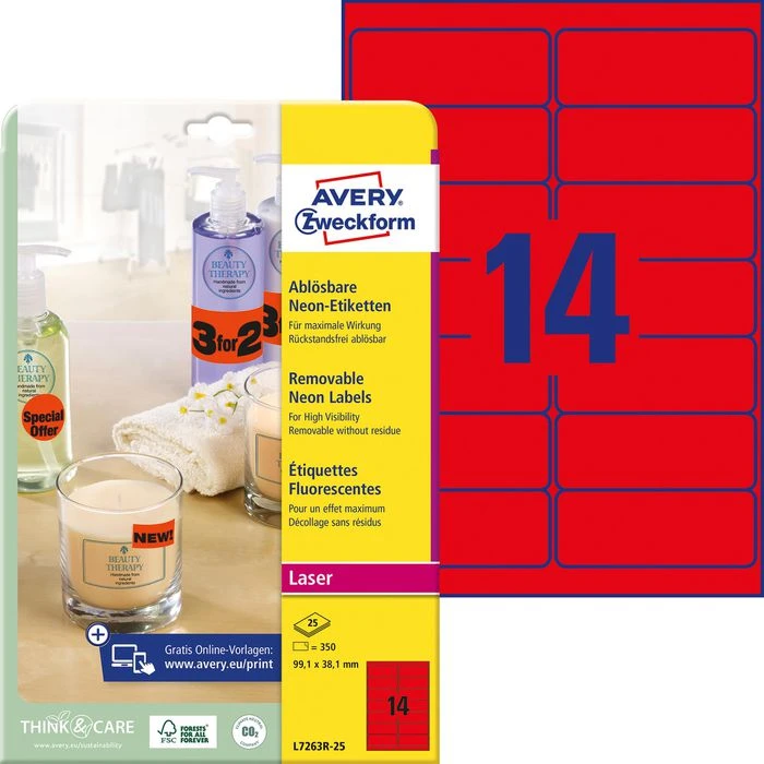 Avery Zweckform L7263R-25 Universaletiketten Neon-rot, 99,1 X 38,1mm, Ablösbar, 25 Blatt, 350 Stück