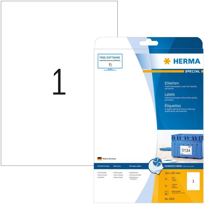 Herma Inkjet-Etiketten 4824, Special, Weiß, 210 X 297mm, Matt, 25 Blatt, 25 Stück