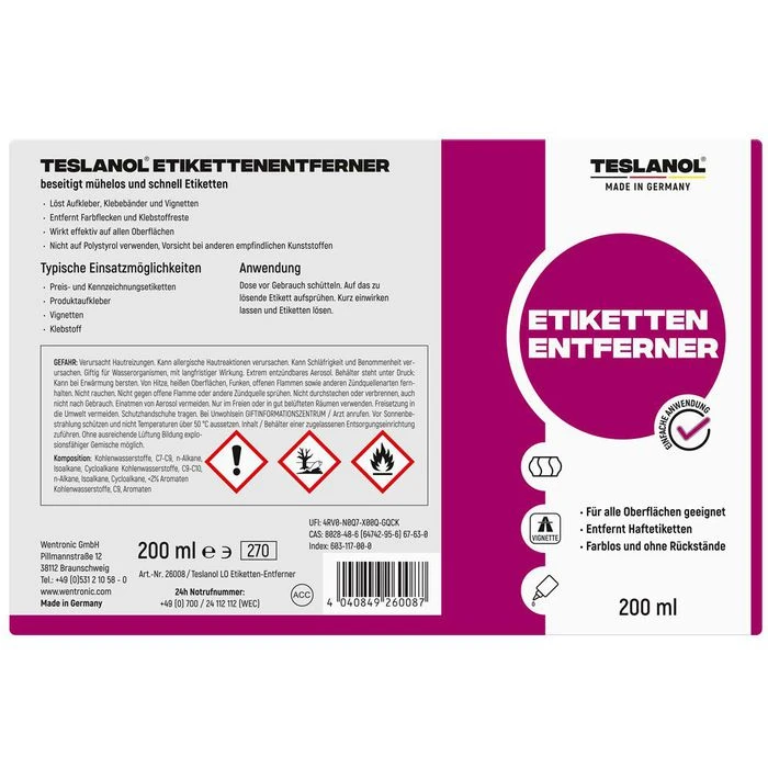 Teslanol Etikettenlöser Etikettenentfernerspray, Klebstoffentferner Mit Sprühkopf, 200ml – Bild 2