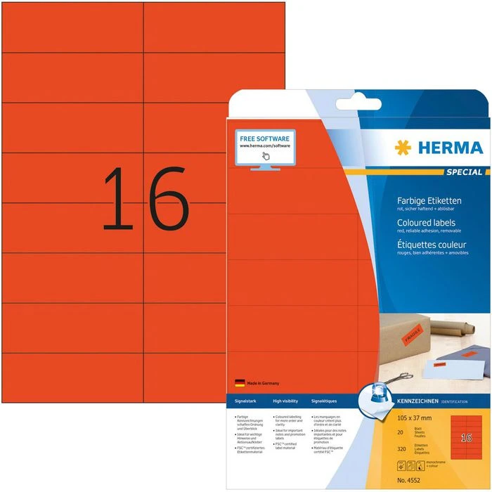 Herma Universaletiketten 4552, Special, Rot, 105 X 37mm, Ablösbar, 20 Blatt, 320 Stück