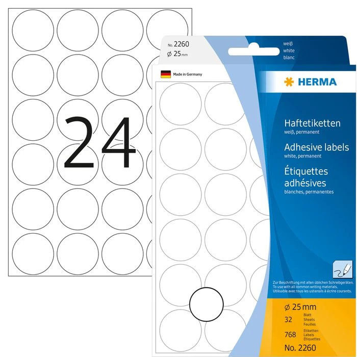 Herma 2260 Haftetiketten Weiß Ø 25mm 32 Blatt 768