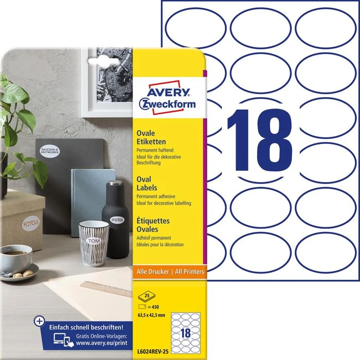 Zweckform Universaletiketten L6024REV-25, Weiß, 63,5 X 42,3mm Oval, Ablösbar, 25 Blatt, 450 Stück