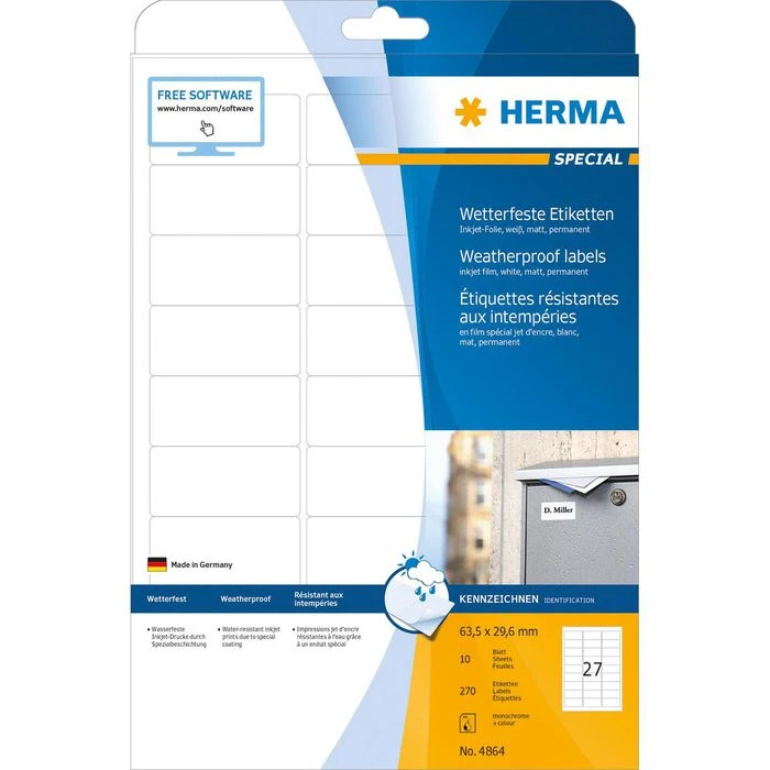 Herma Inkjet-Etiketten 4864, Wetterfest, 63,5 X 29,6mm, Weiß Matt, 10 Blatt, 270 Stück – Bild 5