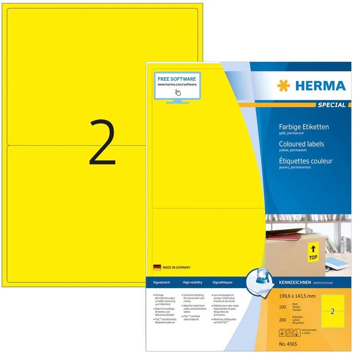 Herma Universaletiketten 4565, Special, Gelb, 199,6 X 143,5mm, 100 Blatt, 200 Stück