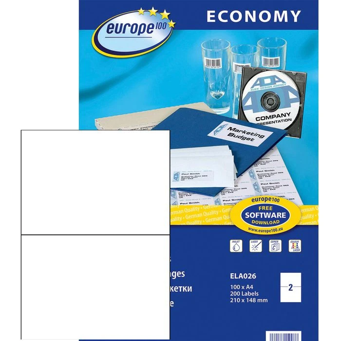 Europe100 Universaletiketten ELA026, Weiß, 210 X 148mm, 100 Blatt, 200 Stück