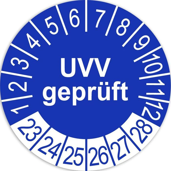 Böttcher-AG Prüfplaketten PT98V30-23-R UVV Geprüft, 2023-2028, Blau, Ø 30mm, Aus Vinyl, 1000 Stück