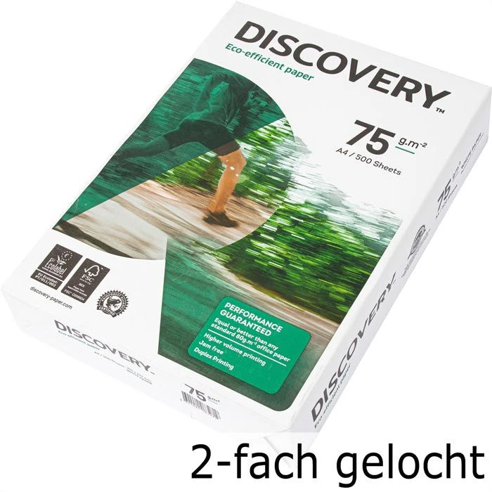 Discovery Kopierpapier 83429A75, A4, 75g/qm, Hochweiß, 2-fach Gelocht, 500 Blatt 1 Discovery Kopierpapier 83429A75, A4, 75g/qm, Hochweiß, 2-fach Gelocht, 500 Blatt