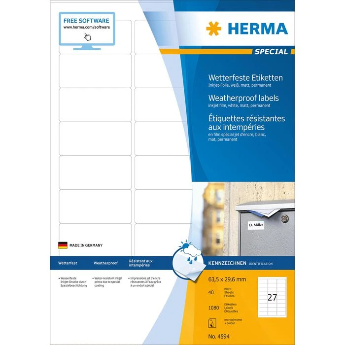 Herma Inkjet-Etiketten 4594, Special, Weiß, 63,5 X 29,6mm Matt Wetterfest 40 Blatt 1080 Stück – Bild 5